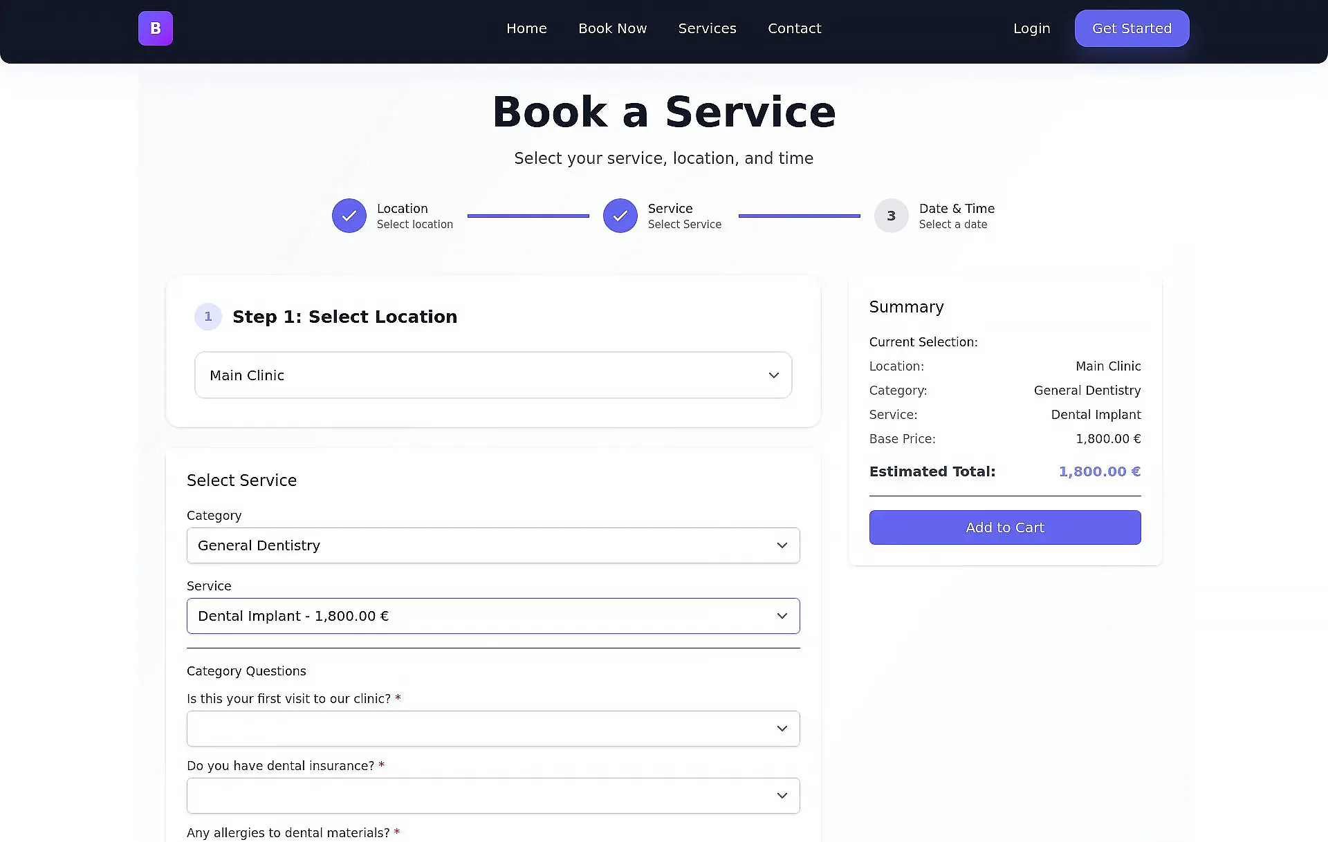 AI-generated booking form with smart intake questions and pricing logic