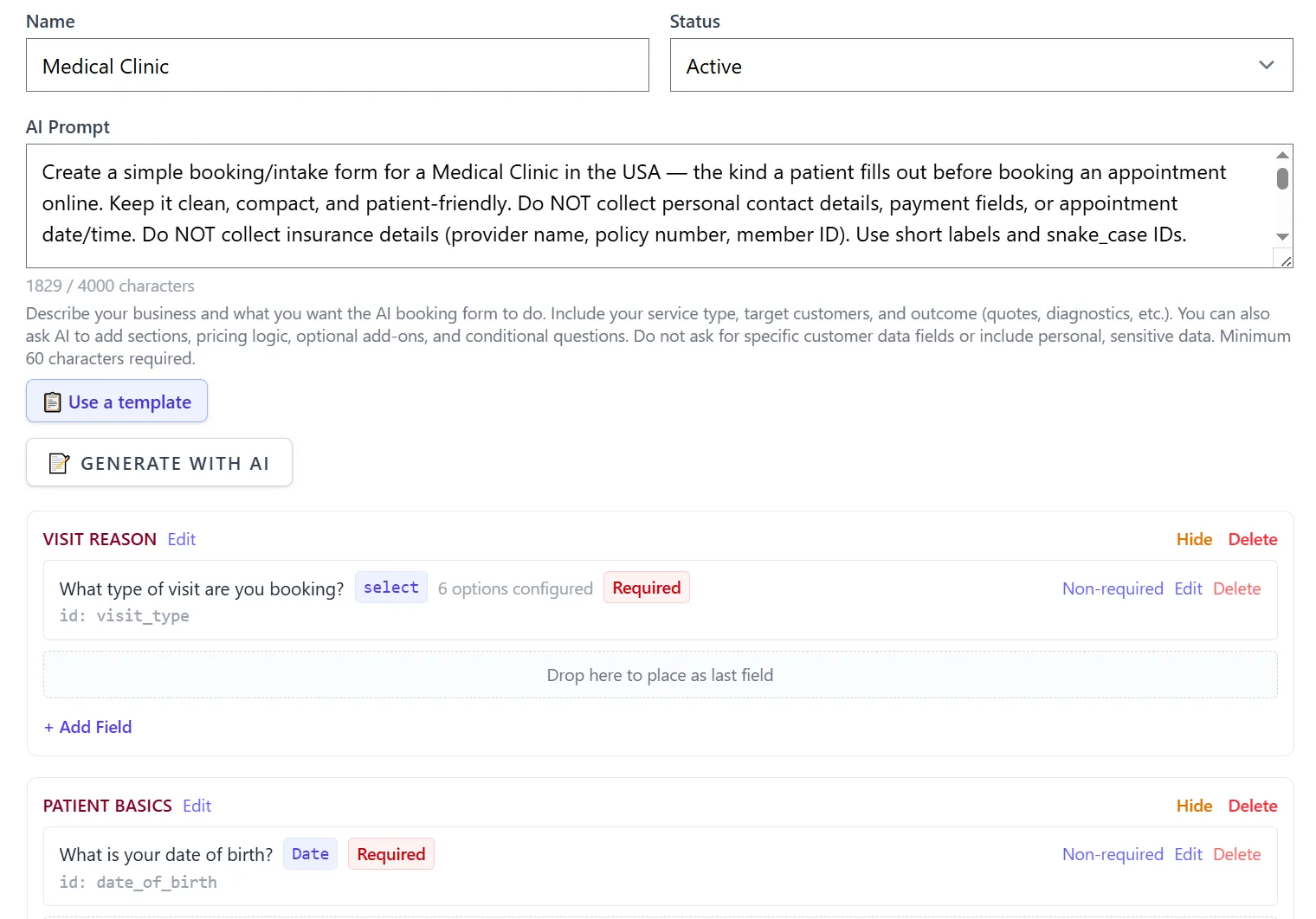 Form Templates page in the admin panel for creating a booking or quote form with AI — name your form, describe it in a plain-language prompt, then generate a complete structured form with sections, pricing and conditional logic