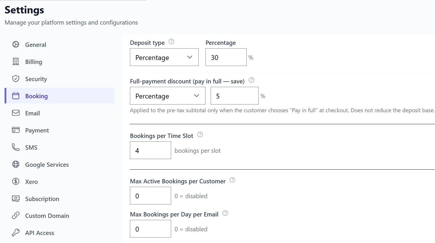 Clickobook — Deposit Payments settings with the full-payment discount (pay in full — save) field where you set a percentage or fixed discount for customers who pay in full