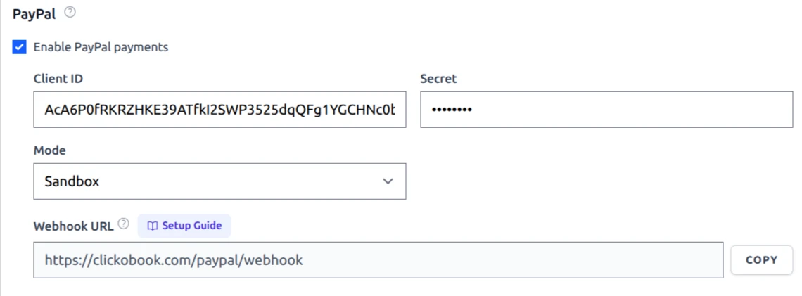 PayPal settings section: enable PayPal, Client ID, Secret, Mode selector and Webhook URL