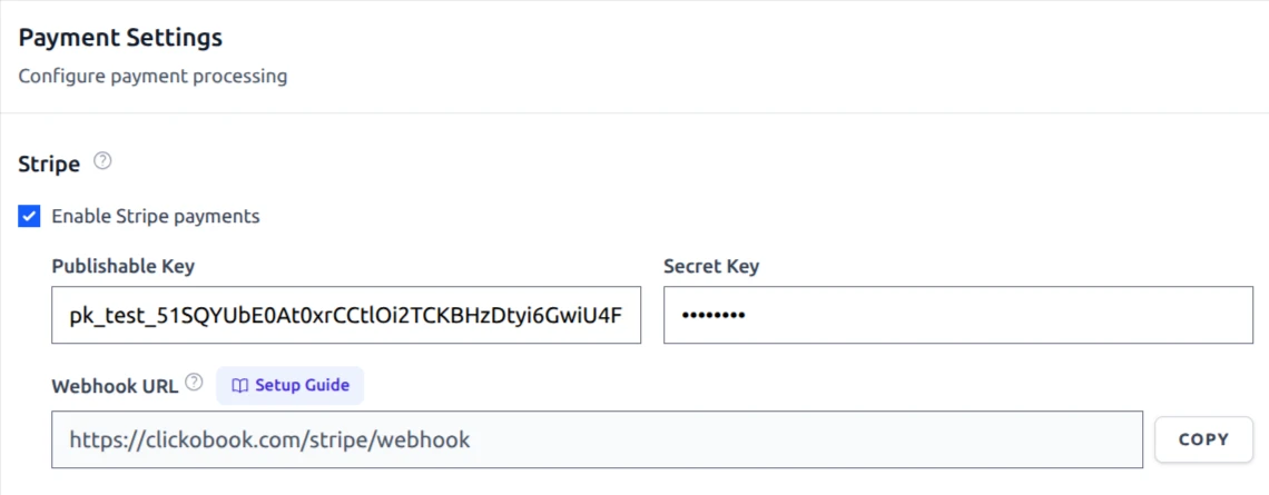Stripe settings section in the ClickoBook payment settings: enable Stripe, publishable key, secret key and webhook URL