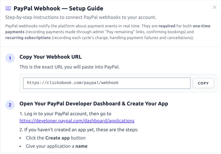 PayPal Webhook — Setup Guide modal showing the webhook URL and the nine required PayPal events