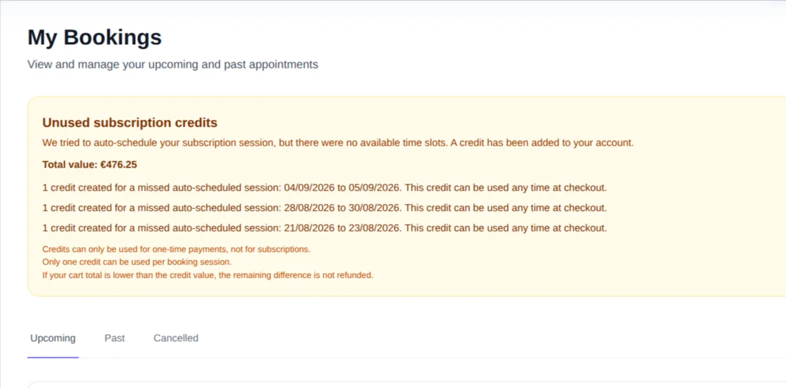 Customer booking portal showing subscription 