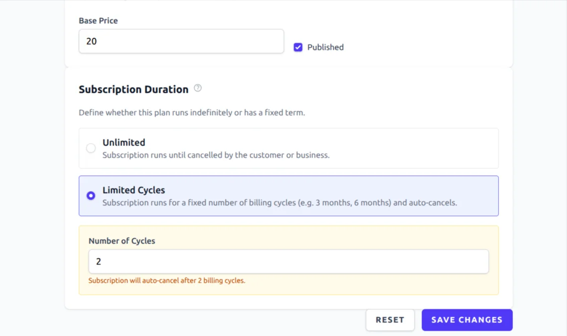 Clickobook plans — Subscription Duration section with Unlimited and Limited Cycles radio options and a number-of-cycles field