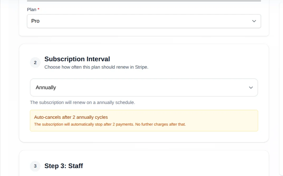 Booking checkout showing the subscription renewal interval selector and the 