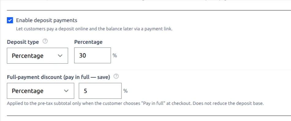 Booking settings deposit section: Enable deposit payments checkbox, deposit type Percentage with a 30% value, and full-payment discount Percentage with a 5% value