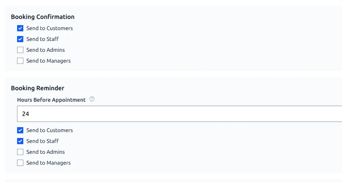 Email notification settings: Booking Confirmation and Booking Reminder enabled for customers, with the reminder lead time set to 24 hours before the appointment