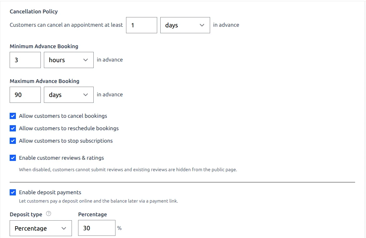 Booking settings section: cancellation policy with a number and hours or days unit, plus the Allow customers to cancel, reschedule and stop subscriptions checkboxes