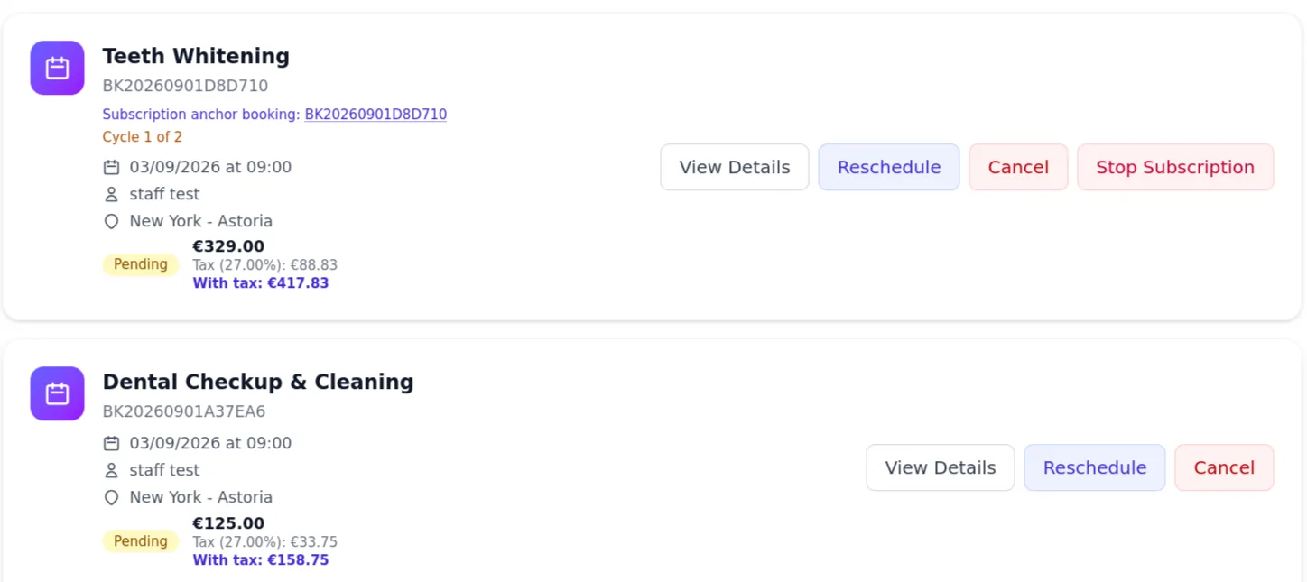 Customer My Bookings portal showing appointment cards with status badges, price breakdown and the Reschedule / Cancel buttons