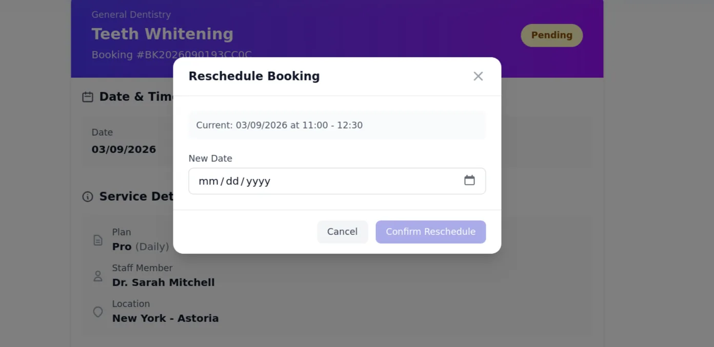Reschedule modal showing the current appointment date and time, a new date picker and the grid of available time slots