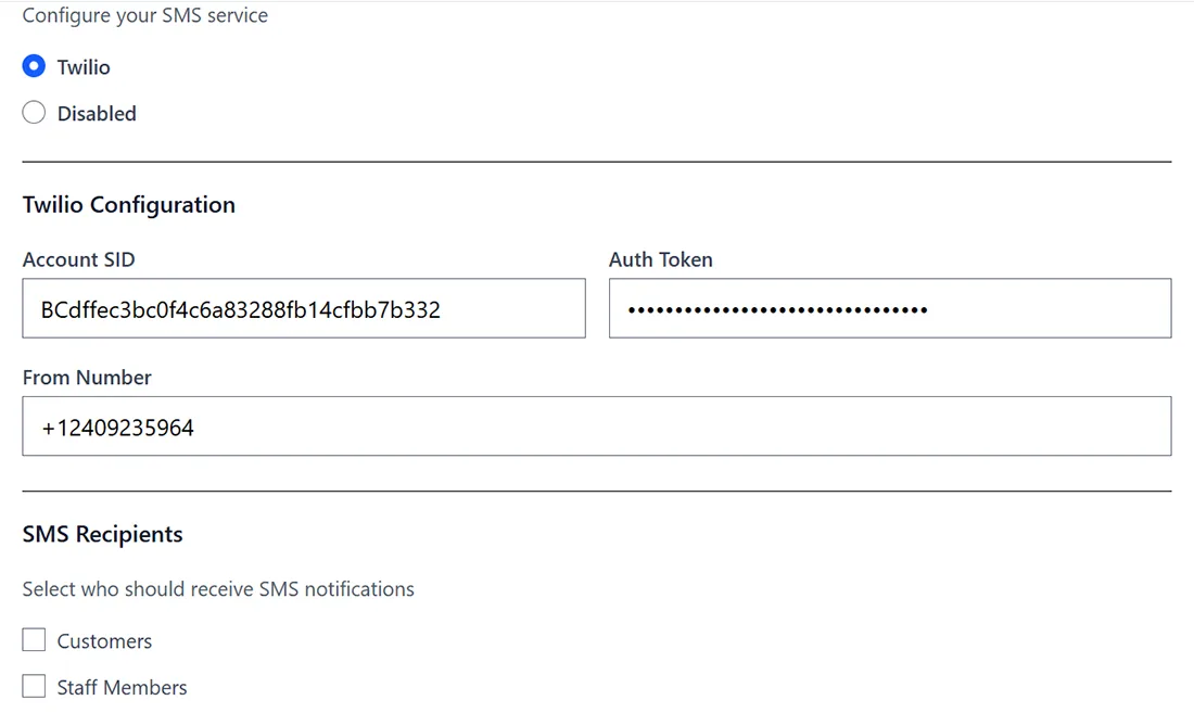 Clickobook — SMS reminder settings: enter Twilio Account SID, Auth Token and From Number, and enable SMS reminders for Customers, Staff and Managers