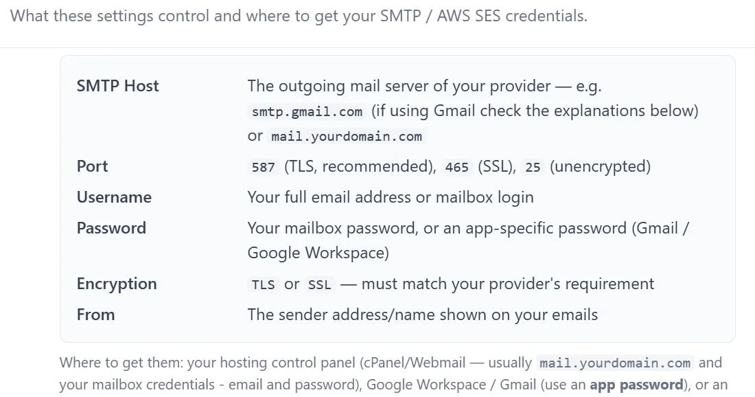 Clickobook — email notification settings: configure SMTP or AWS SES with host, port, username, password, encryption and from address for automated appointment reminders