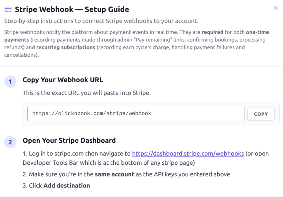 Stripe Webhook — Setup Guide modal showing the webhook URL and the eight required Stripe events