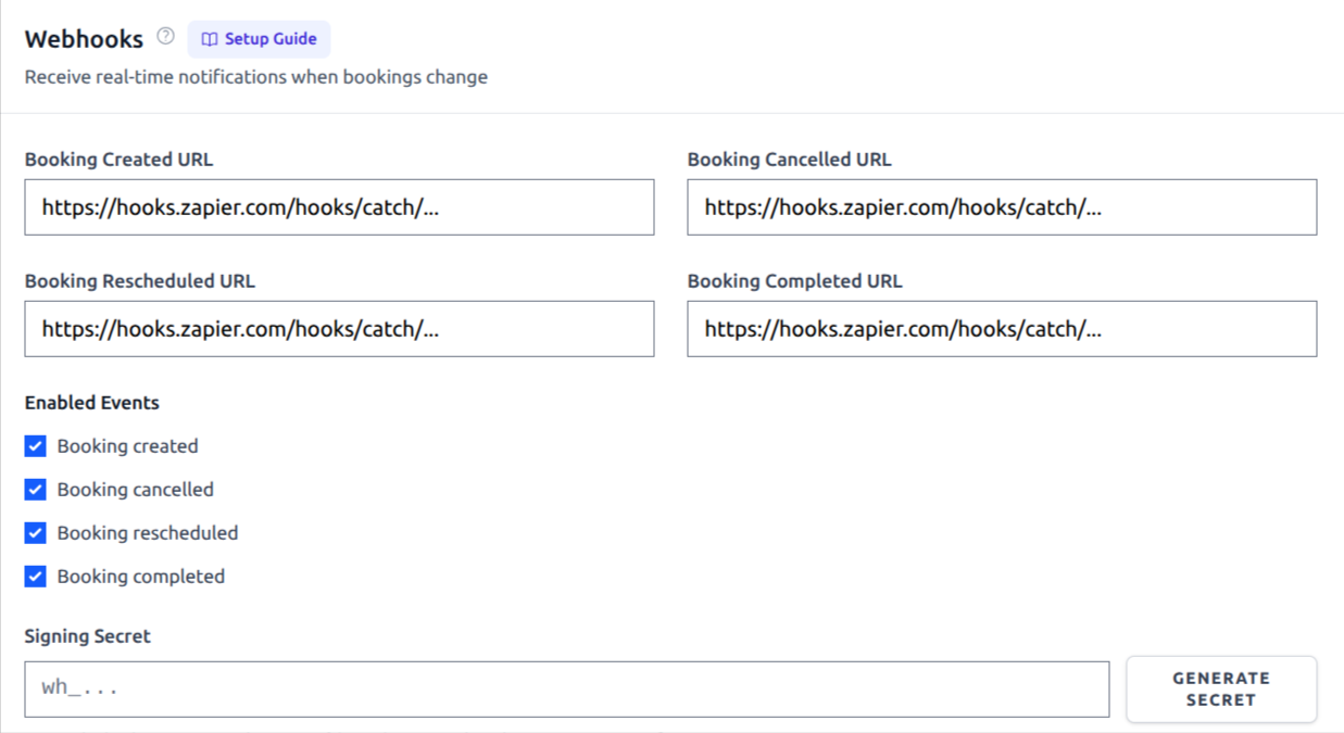 Webhooks settings section in Clickobook showing Booking Created/Cancelled/Rescheduled/Completed URL fields, enabled event checkboxes and a signing secret field