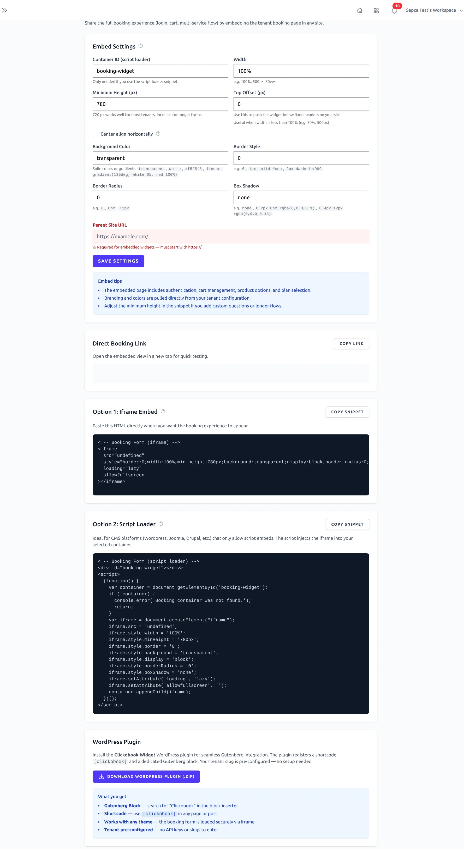 Clickobook Widget Embed page in the admin panel showing the embed settings: container ID, width, minimum height, top offset, background, border, border radius, box shadow and Parent Site URL, with the generated iframe and script-loader snippets
