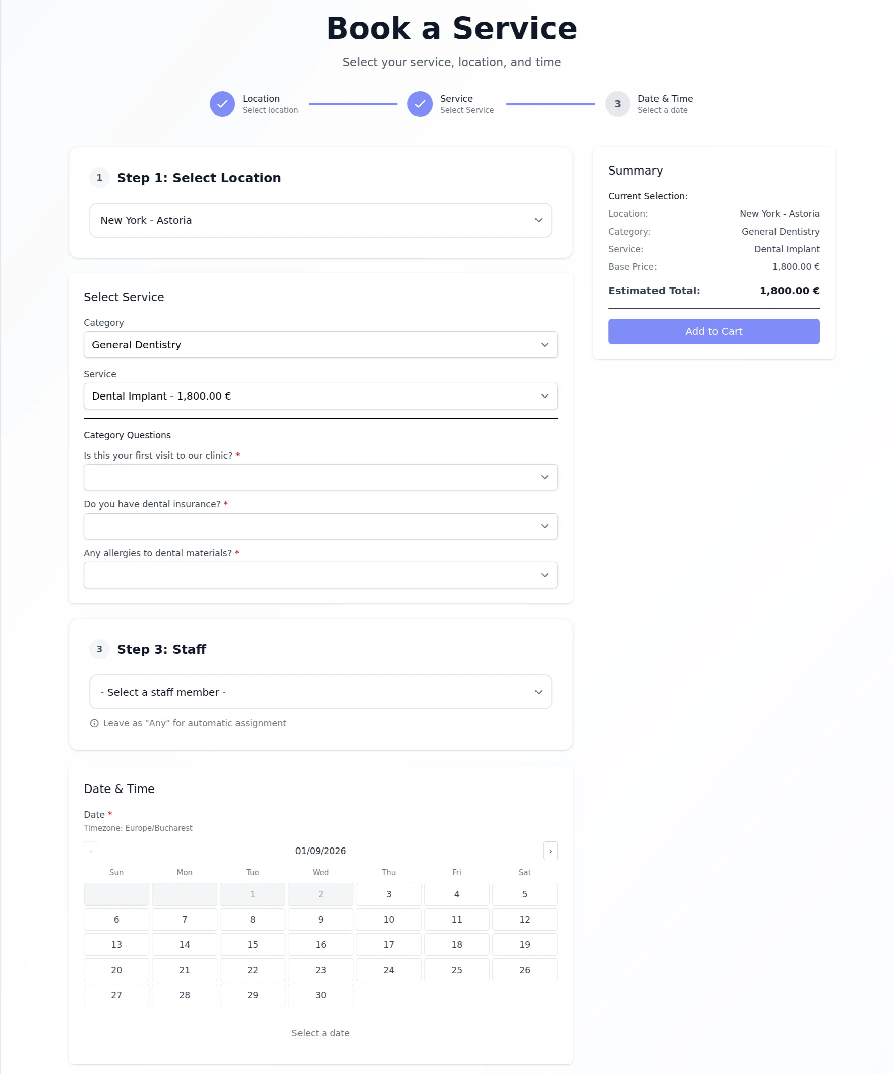 Embedded booking widget preview — the Clickobook booking page embedded in a website, showing the clean embedded mode without the surrounding navigation