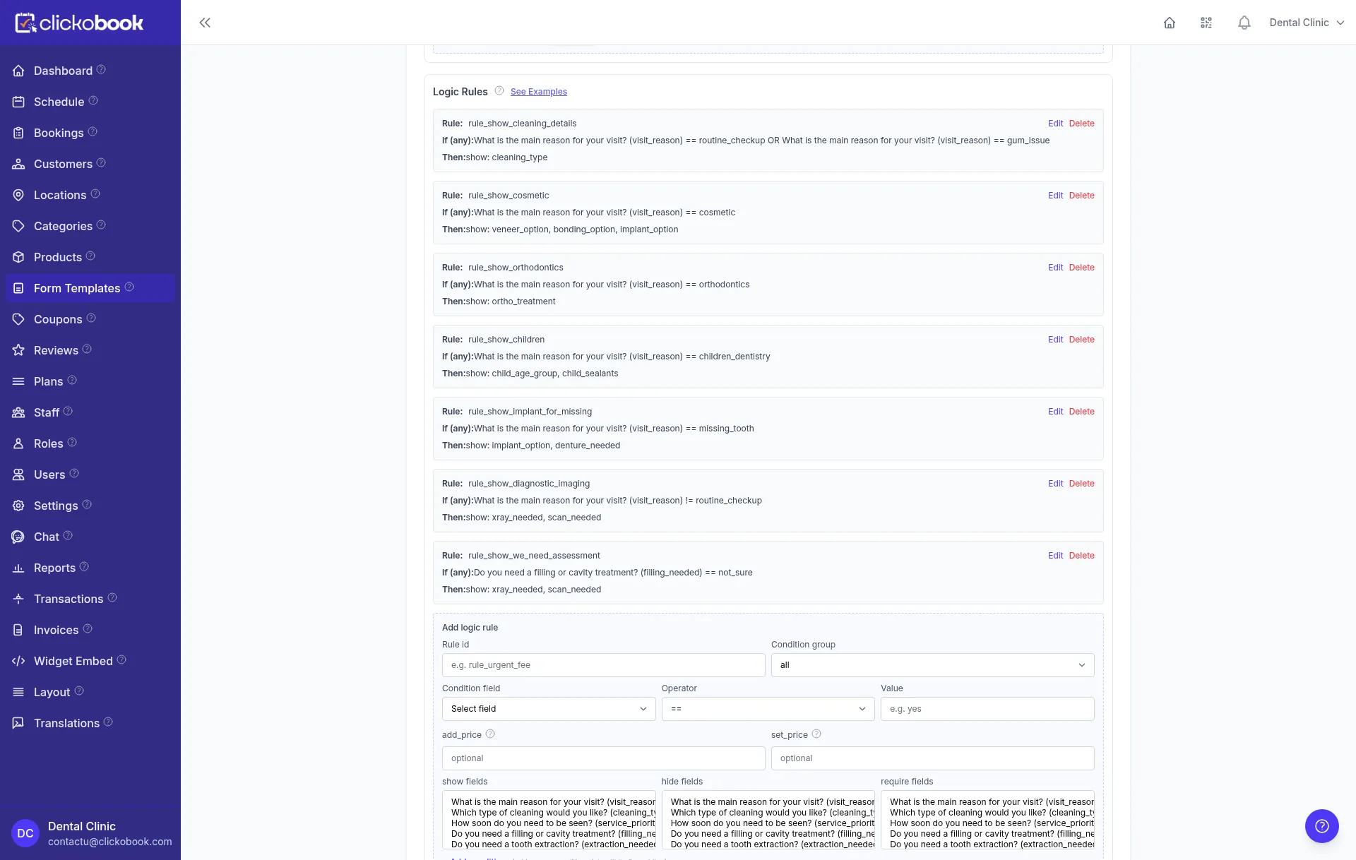 The logic rules screen listing seven if-then rules that show questions conditionally