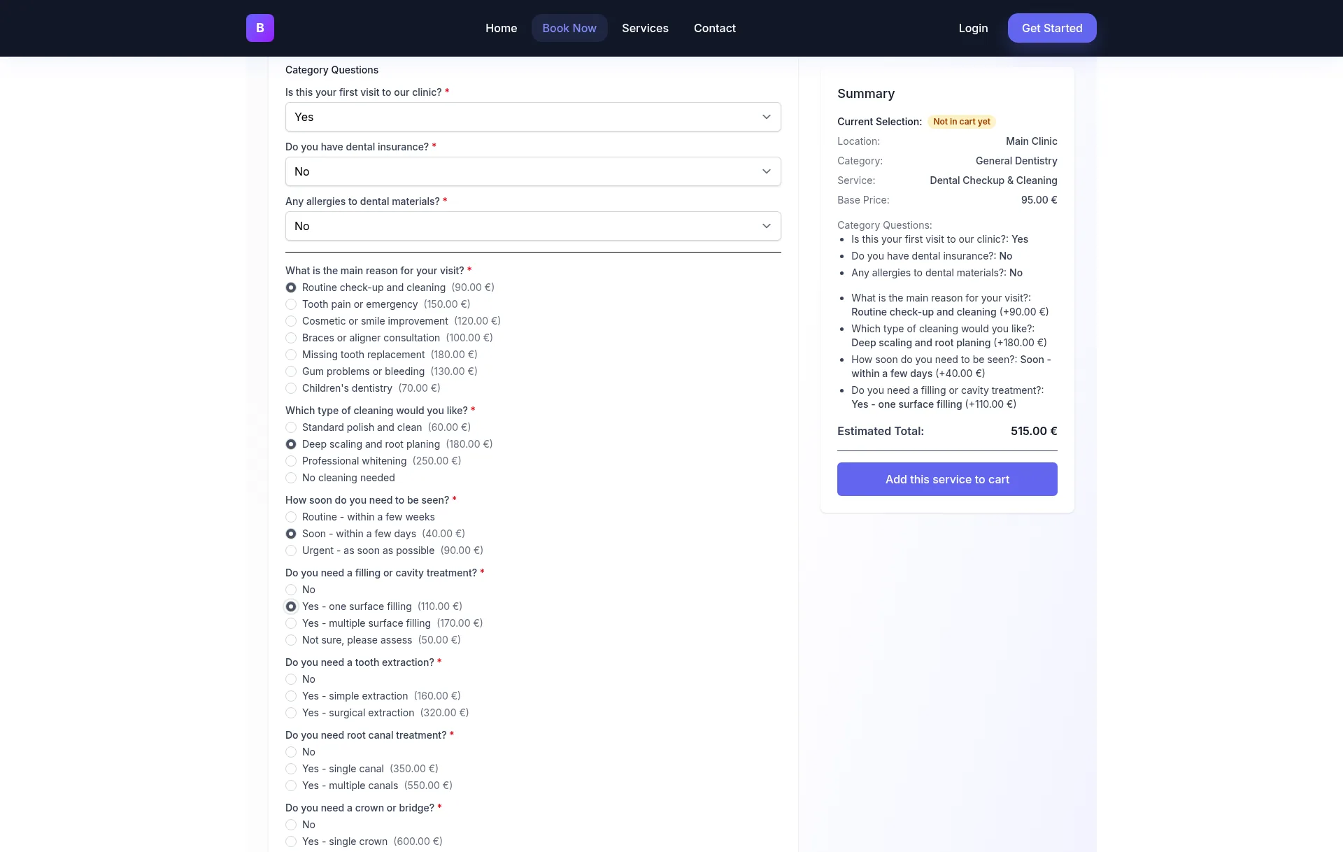 A public quote form for a dental clinic with priced treatment questions and a summary showing a base price of 95 euros and an estimated total of 515 euros