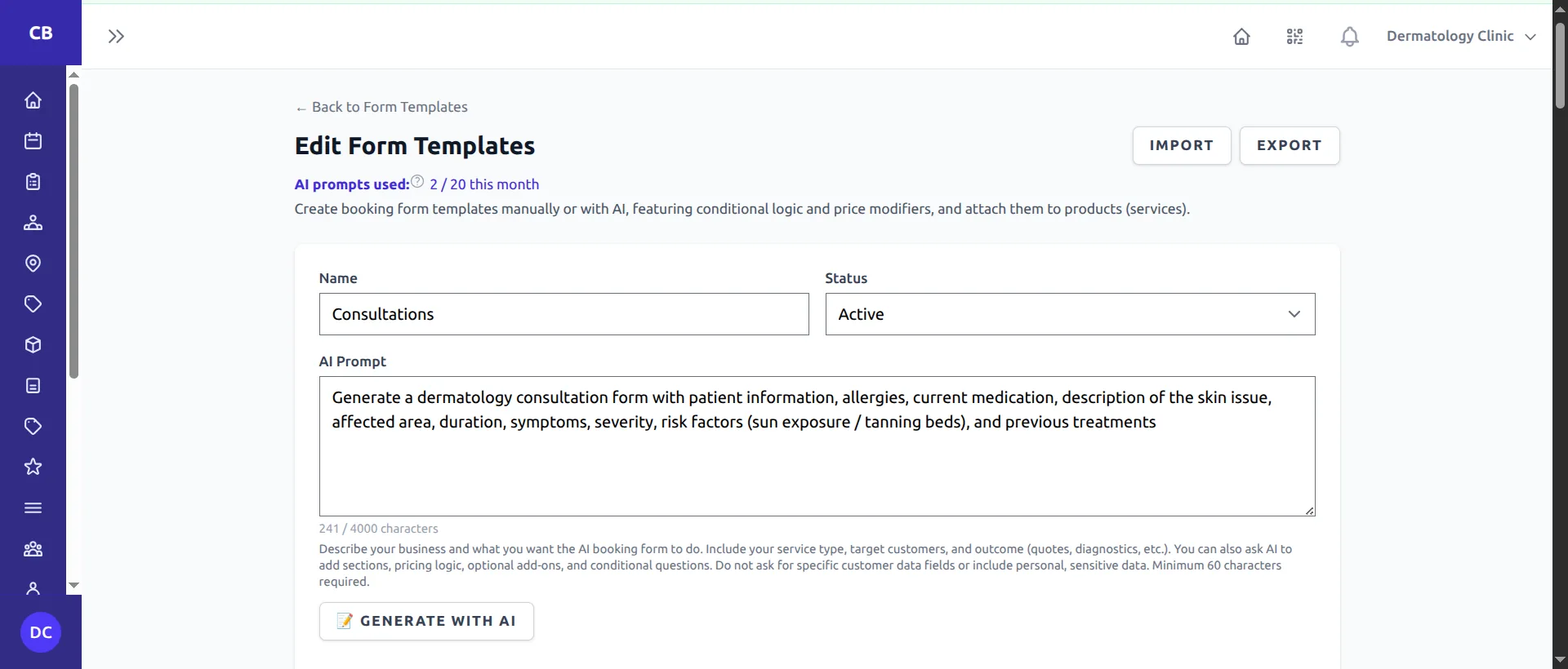 Watch how Clickobook's AI generates a dermatology consultation booking form