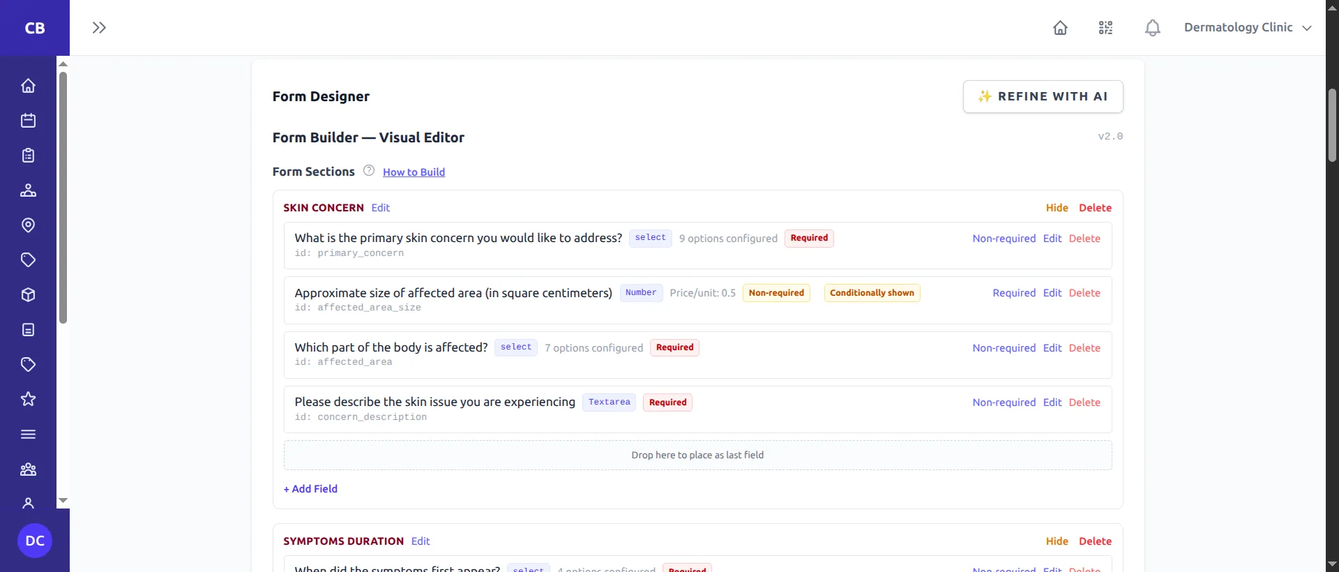 AI-generated form sections in the Clickobook admin editor