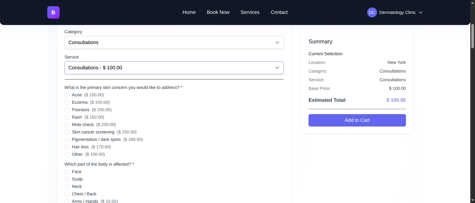 Customer-facing booking form generated by Clickobook AI in the frontend