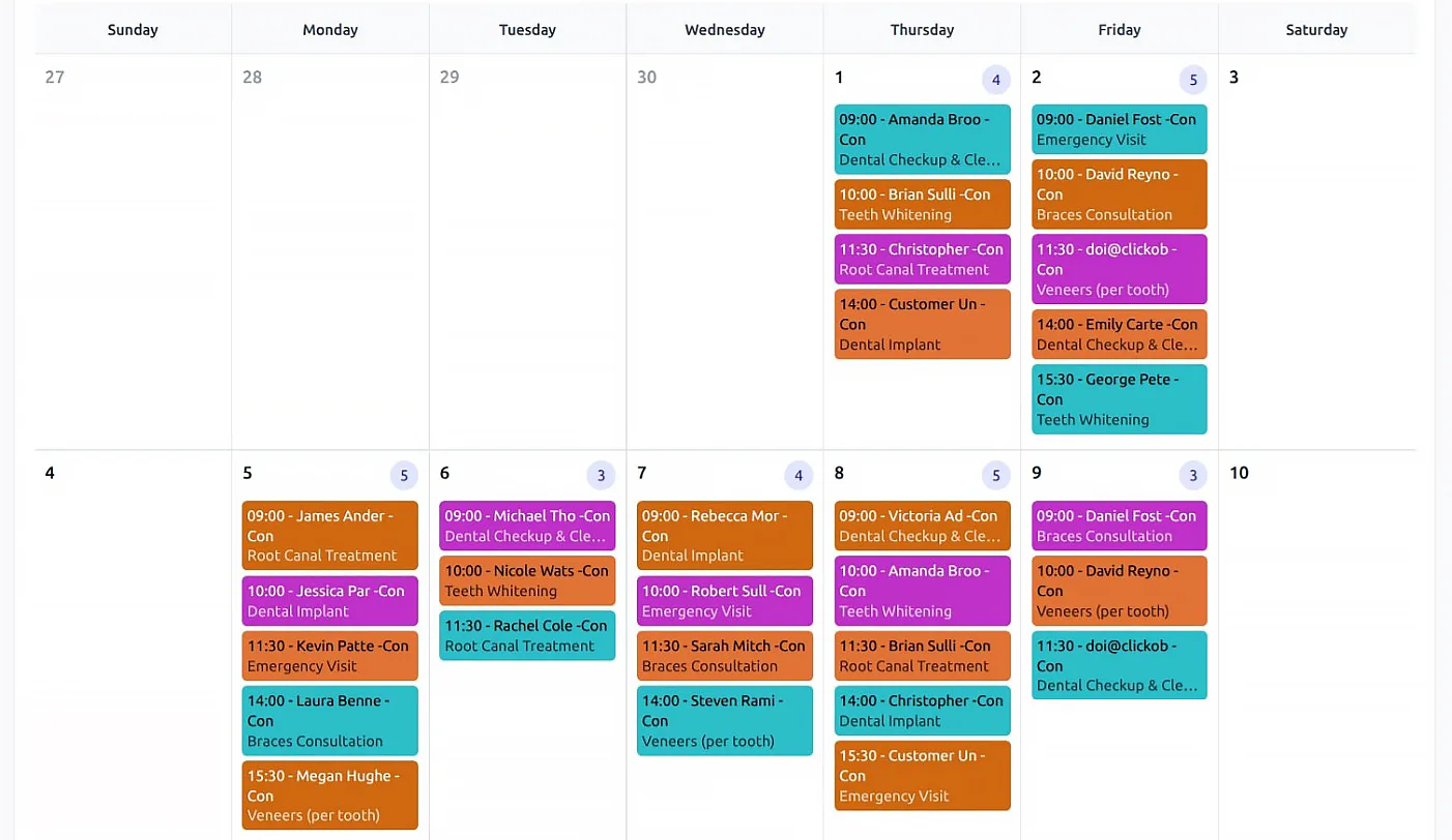 Monthly schedule calendar with appointments across staff and locations